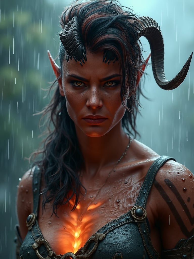 In this striking portrait, a woman stands under the relentless downpour, the rain cascading down her face and soaking through her clothes. glowing chest. She has a horn and a broken horn on her head. Her hair, drenched and clinging to her skin, frames her face in wet tendrils. Droplets of water glisten on her skin, accentuating the curves of her face and the determined set of her jaw. Her eyes, focused and intense, seem to pierce through the rain, reflecting both strength and a quiet resolve. The background is a blurred mixture of grey clouds and streaks of falling rain, making her figure stand out in sharp contrast. The light, dim and muted by the rain, creates a moody atmosphere, highlighting the contours of her face and the subtle details in the fabric of her clothes as they cling to her form. Despite the storm raging around her, she remains unwavering, exuding a sense of defiance and grace in the midst of nature's fury., best quality, 4k, 8k, high resolution, cinematic, vibrant, intricate, Hyperrealistic, high detail