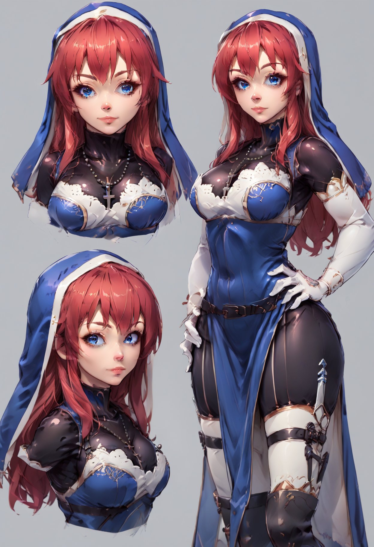 score_9, score_8_up, score_7_up,source_anime, <lora:xl_more_art-full_v1:0.8>,<lora:add-detail-xl:1>BREAK<lora:concept:1>conceptart,1girl,battleNun, cross necklace, habit, red hair, blue eyes, , <lora:battleNunPony:1>, , multiple views,, reference sheet, grey background, hand on hip, simple background