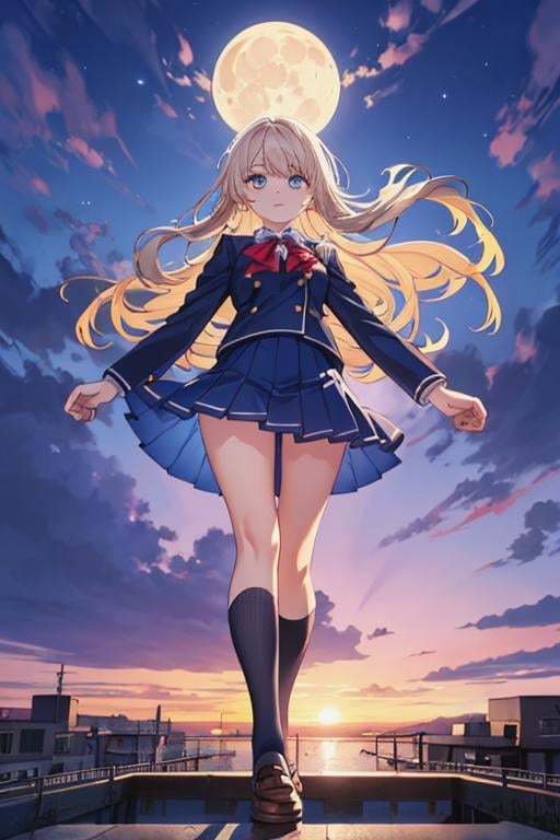 tareme,big eyes,(shining) eyes,(inviting face:1.2),(high detailed school uniform:1.2),band of light,(wind:1.4),anime,realistic,high detailed eyes,perfect anatomy,(masterpiece,best quality,high detailed:1.4),8k,cg.wallpaper,(blue sunset:1.4),(moon:1.2),full body,dynamic pose,1girl,solo,chests lift,looking at viewer,from below,(top of the building:1.2)