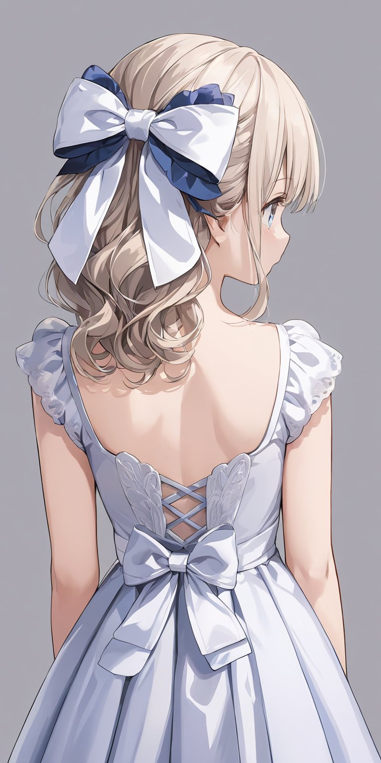 masterpiece,ultra-detailed,best quality,8K,illustration,cute face,clean skin ,shiny hair,girl,ultra-detailed-eyes,simple background, source anime<lora:add-detail-xl:1> <lora:hair ribbon_XL_V1.0:0.7> hair ribbon,cowboy shot,dress,from behind