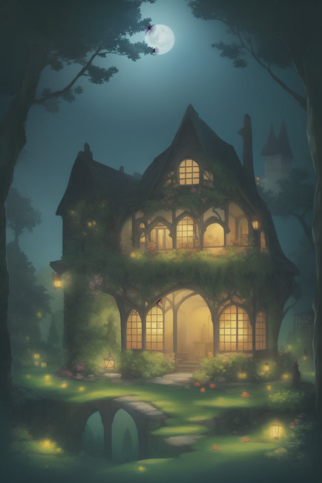 A vibrant,  enchanted garden with a variety of magical flora glowing under the moonlight,  with a quaint stone cottage in...