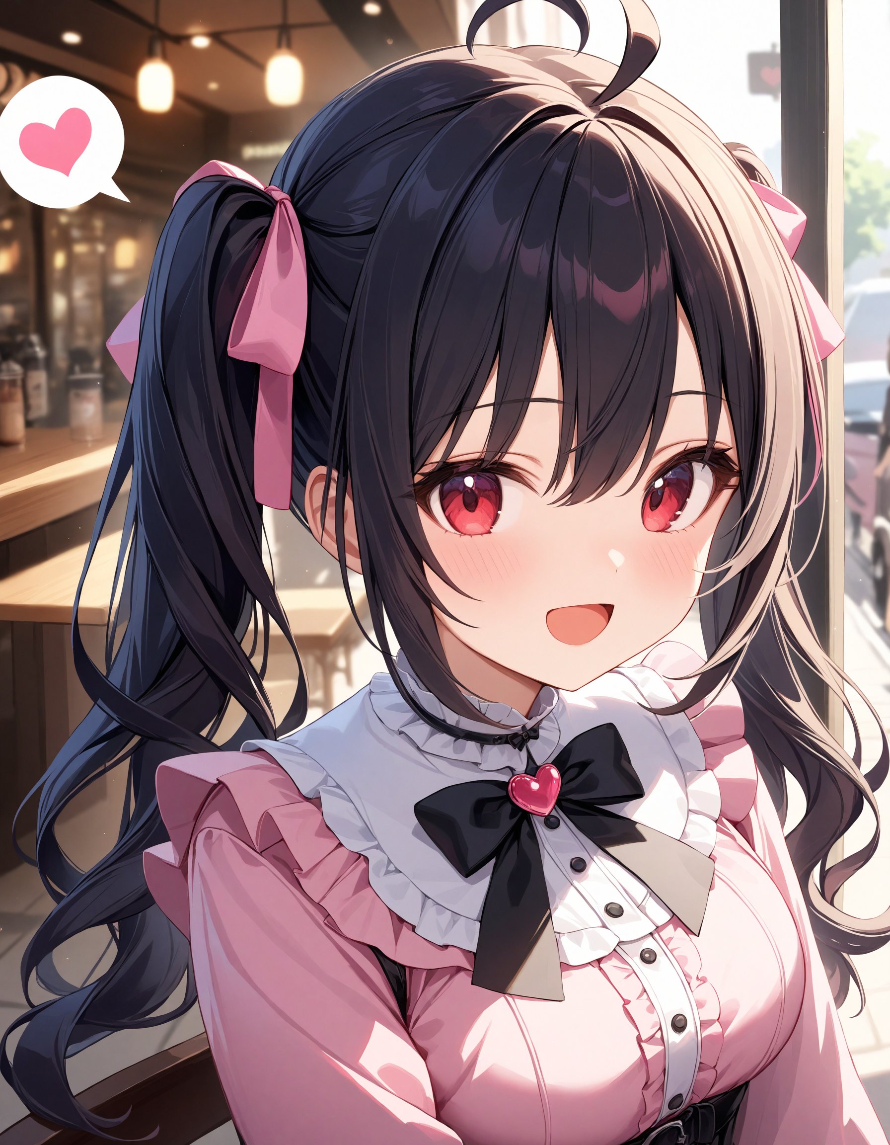 Depth of field. Upper body shot. Shooting from front. 1 cute girl. Solo. :D. Looking at viewer. (Spoken heart:1.1). (Cute round face:1.1). Detailed dark-red eyes. Tsurime. Detailed body. (Large breasts:0.7). (Black hair:1.1). Twintails. Hair ribbon. Ahoge. (Hair between eyes:1.1). Jirai kei. Pink tops. Black bowtie. Black skirt. Fashionable cafe street. (Daytime:1.2). (Natural lighting:1.4). Intricate details. Extremely detailed. Outstanding intricacies. (Masterpiece:1.2). (Best quality:1.2). (Absurdres absolutely resolution:1.4).