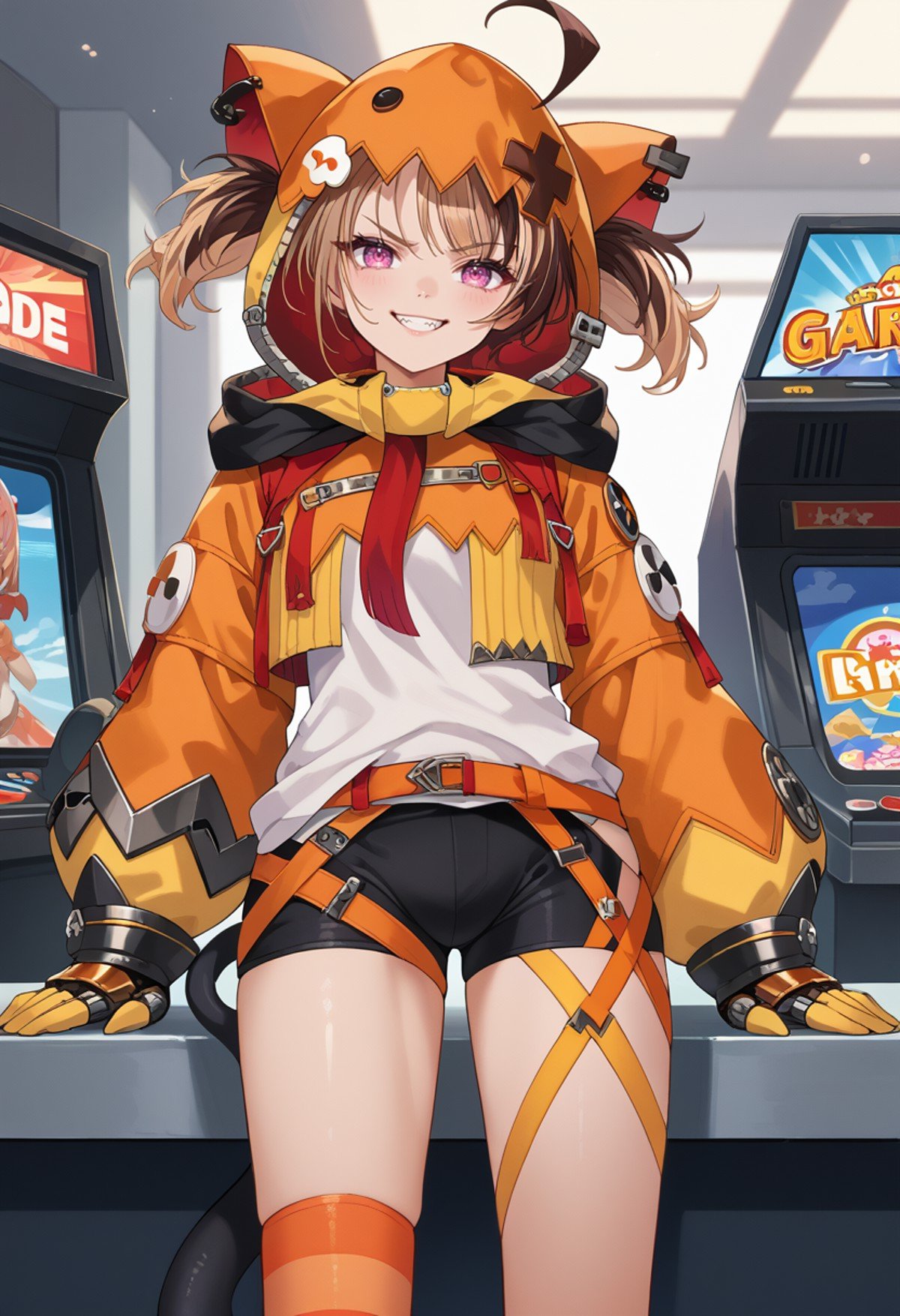 score_9, score_8_up, source_anime, 1girl, solo, GigiMurin, multicolored hair, short twintails, ahoge, animal hood, hood up, orange jacket, cropped jacket, white shirt, mechanical gauntlets, orange belt, black shorts, single thighhigh, striped thighhigh, tail, smirk, indoors, arcade, <lora:ChamGigiMurinPonyXL:1>