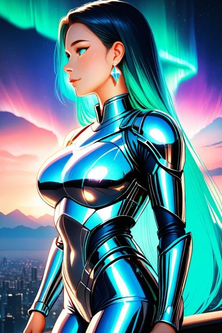 Mid-shot of a woman wrapped in reflective silk armor,  aurora beams painting soft colors across her face,  distant nebula...