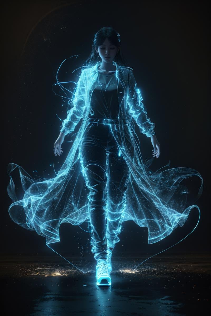 glow particle,blue theme,1girl,solo,closed mouth,full body,translucent fluorescent,optical flares,dark background,(best quality),((masterpiece)),(highres),original,extremely detailed 8K wallpaper,(an extremely delicate and beautiful),