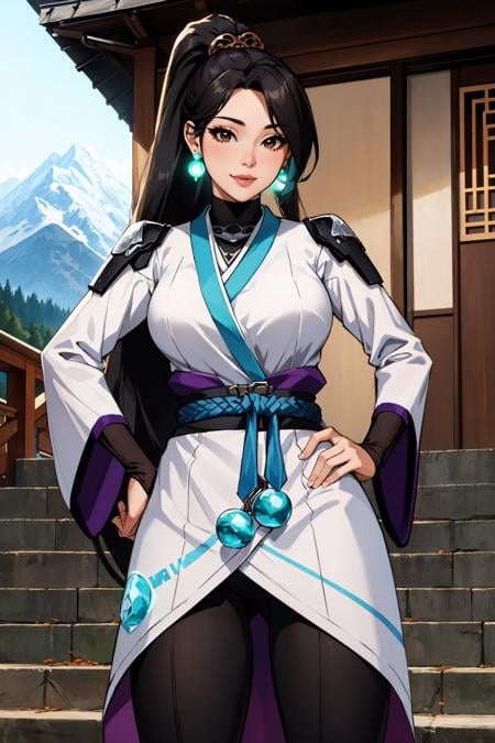 masterpiece, best quality, 1girl,  <lora:valorantsage-nvwls-v1-000009:0.9> valorantSage, ponytail, earrings, white robes, bridal gauntlets, sash, black pants, large breasts, hand on hip, east asian architecture, stairs, mountain, looking at viewer, smile