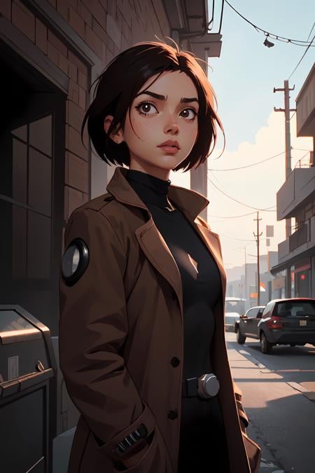 a cyborg girl, battle angel alita, black turtle neck tank top, long brown coat, glowing, (art by Ilya Kuvshinov) shadow, dramatic lighting ,masterpiece, best quality, <lora:GoodHands-beta2:1>, scenery