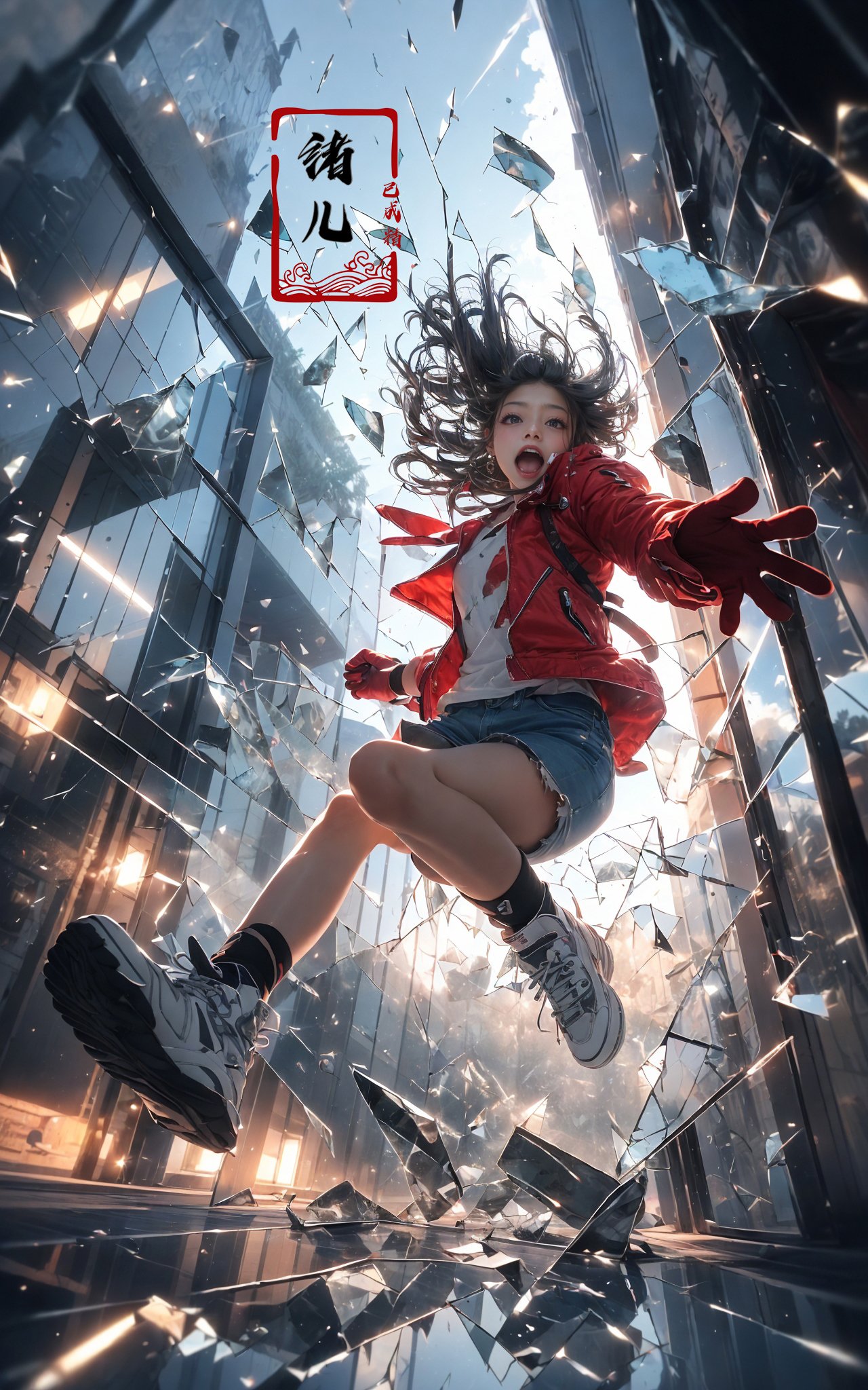 jumping，midair, (1girl, solo:1.2), open mouth, outdoors, building, (broken glass:1.5), shoes, (red gloves:1.3),Glow, reflective glass, light pollution，<lora:绪儿-跳跃构图 jumping:0.8>