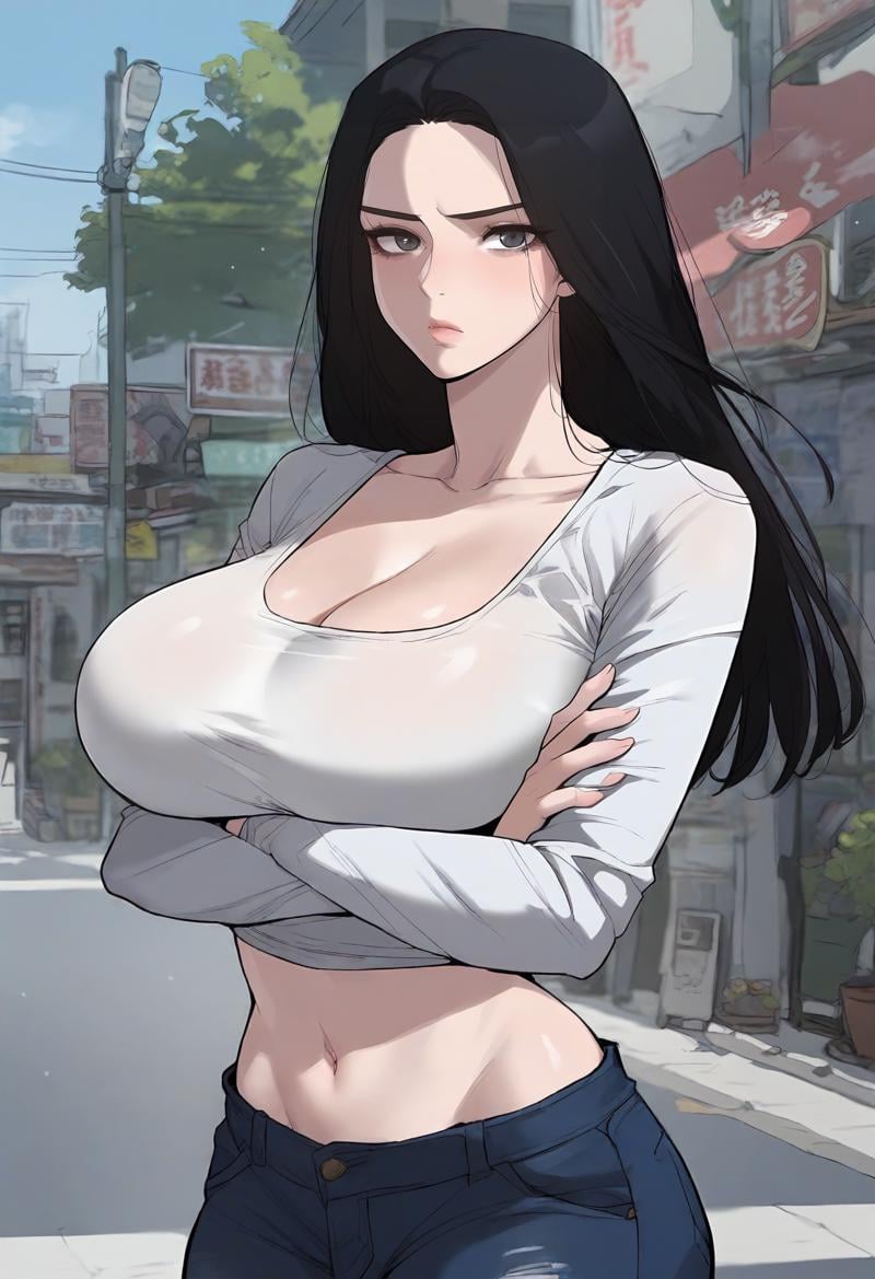 score_9, score_8_up, score_7_up, score_6_up, source_anime, rating_explicit, 1girl, (solo:1.1), huge breasts,<lora:Baek Suzy prefectPonyxl:0.85> black hair, long hair, grey eyes, black eyes, white shirt, cleavage, collarbone, long sleeves, crop top, midriff, navel, jeans, denim, serious, street, outdoors, looking at viewer, standing, close-up, crossed arms,