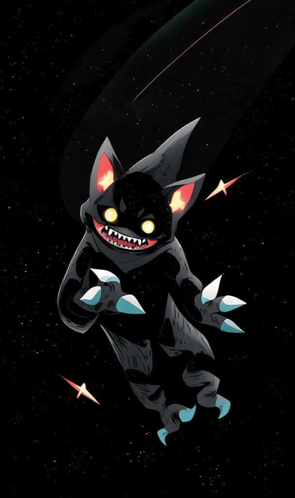 mty, aurora galaxy glowing glowing eyes light particles monster night night sky no humans open mouth sharp teeth shooting star sky solo space spikes star \(sky\) starry background starry sky teeth wings