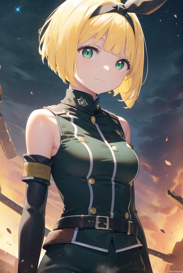 shushusuruga, <lora:shushu suruga manga-lora-nochekaiser:1>,shushu suruga, short hair, bangs, hair ribbon, hairband, blunt bangs, thick eyebrows, (green eyes:1.5), (yellow hair:1.5), smile,BREAK gloves, shorts, elbow gloves, belt, buttons, military uniform, military, (bare shoulders:1.5), (black military uniform:1.7),BREAK outdoors, space, starry sky, star \(sky\), moon,BREAK looking at viewer, (cowboy shot:1.5),BREAK <lyco:GoodHands-beta2:1>, (masterpiece:1.2), best quality, high resolution, unity 8k wallpaper, (illustration:0.8), (beautiful detailed eyes:1.6), extremely detailed face, perfect lighting, extremely detailed CG, (perfect hands, perfect anatomy),