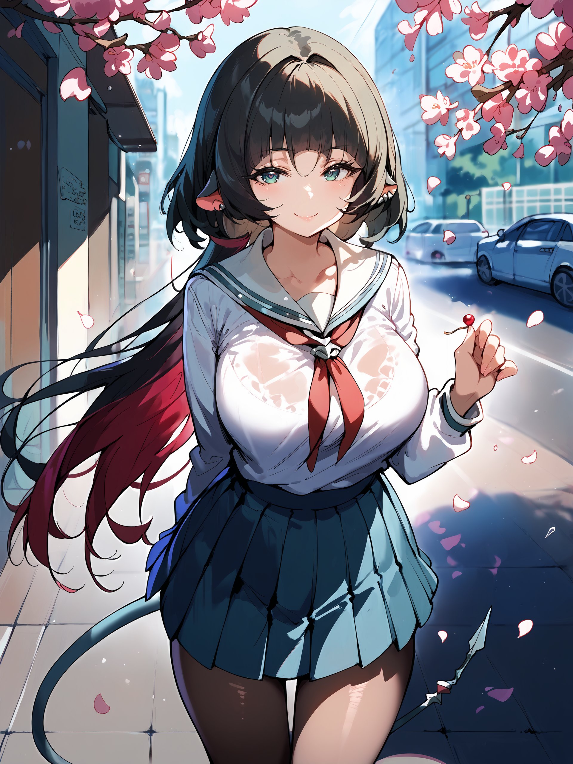 1girl, jane doe \(zenless zone zero\), long hair, solo, school uniform, white shirt, sweater, pleated skirt, pantyhose, outdoors, street, cherry blossoms, petals, depth of field, seductive smile , looking at viewer, tail <lora:Char-ZZZ-JaneDoe-V1-Pony:1> score_9, score_8_up, score_7_up, source_anime  