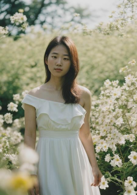 Film photography, FemaleFocus, asian women,late twentys,portrait,white dress,looking at viewer,bunches,soft sunshine,shoulder exposed,virtualization,flower,, 8K,masterpiece, best quality:1.2,ultrahigh-res,