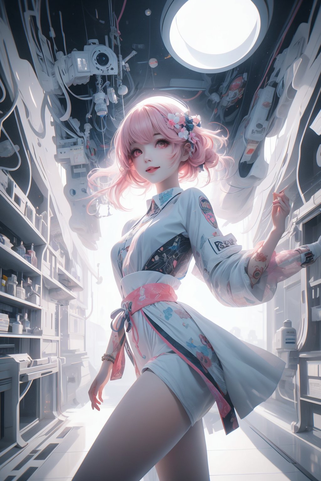 best quality,pink hair,masterpiece,(photorealistic:1.4),1girl,light smile,shirt with collars,waist up,dramatic lighting,from below.,space elevator,White Pantyhose,shidudou,laser,moyou,yuzu,high heel,1 girl,machinery,Mecha,