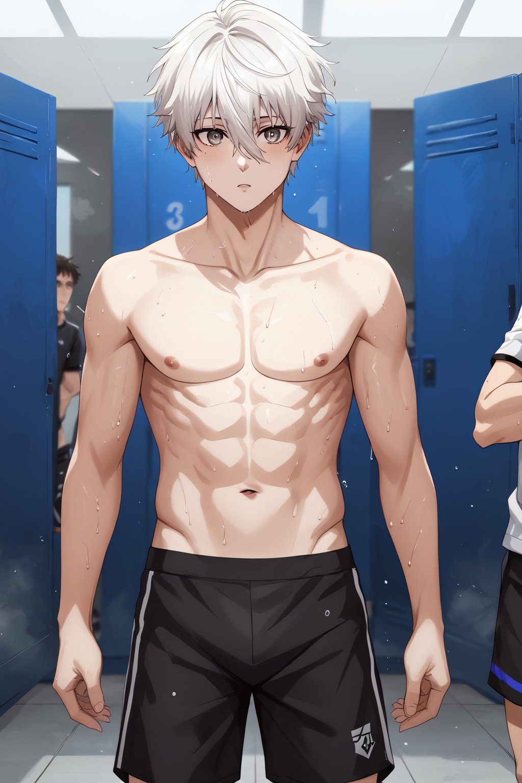 score_9, score_8_up, score_7_up, source_anime, BREAK, 1boy, bishounen, pale skin, (facing to the side, three quarter view:1.4), BREAK, white hair, grey eyes, (skinny:1.1), topless, pectorals, abs, soccer shorts, sweat, wet, detailed eyelashes, detailed eyes, broad shouldered, neutral expression, BREAK, indoor, locker room, day, standing, leaning against locker, boy, nagi_seishirou<lora:EMS-342536-EMS:0.800000>, <lora:EMS-18850-EMS:0.800000>, <lora:EMS-359219-EMS:0.800000>