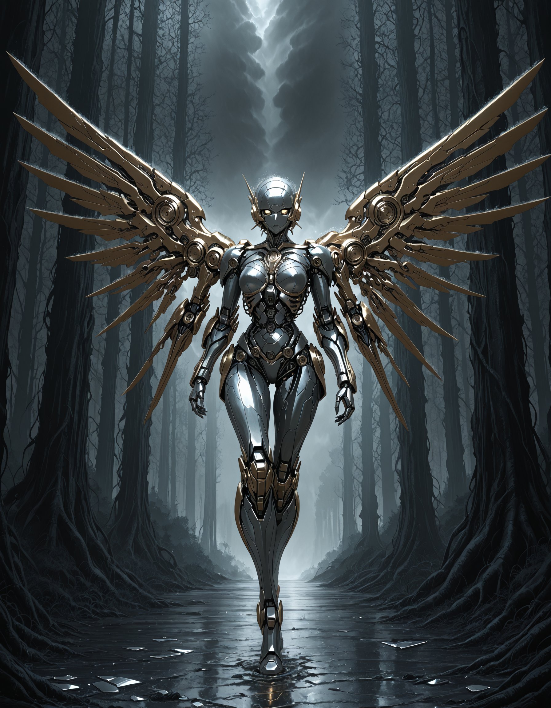 highly detailed picture of Beautiful anime mecha girl with ornate robotic body,  mechanical wings made of metal shards,  w...