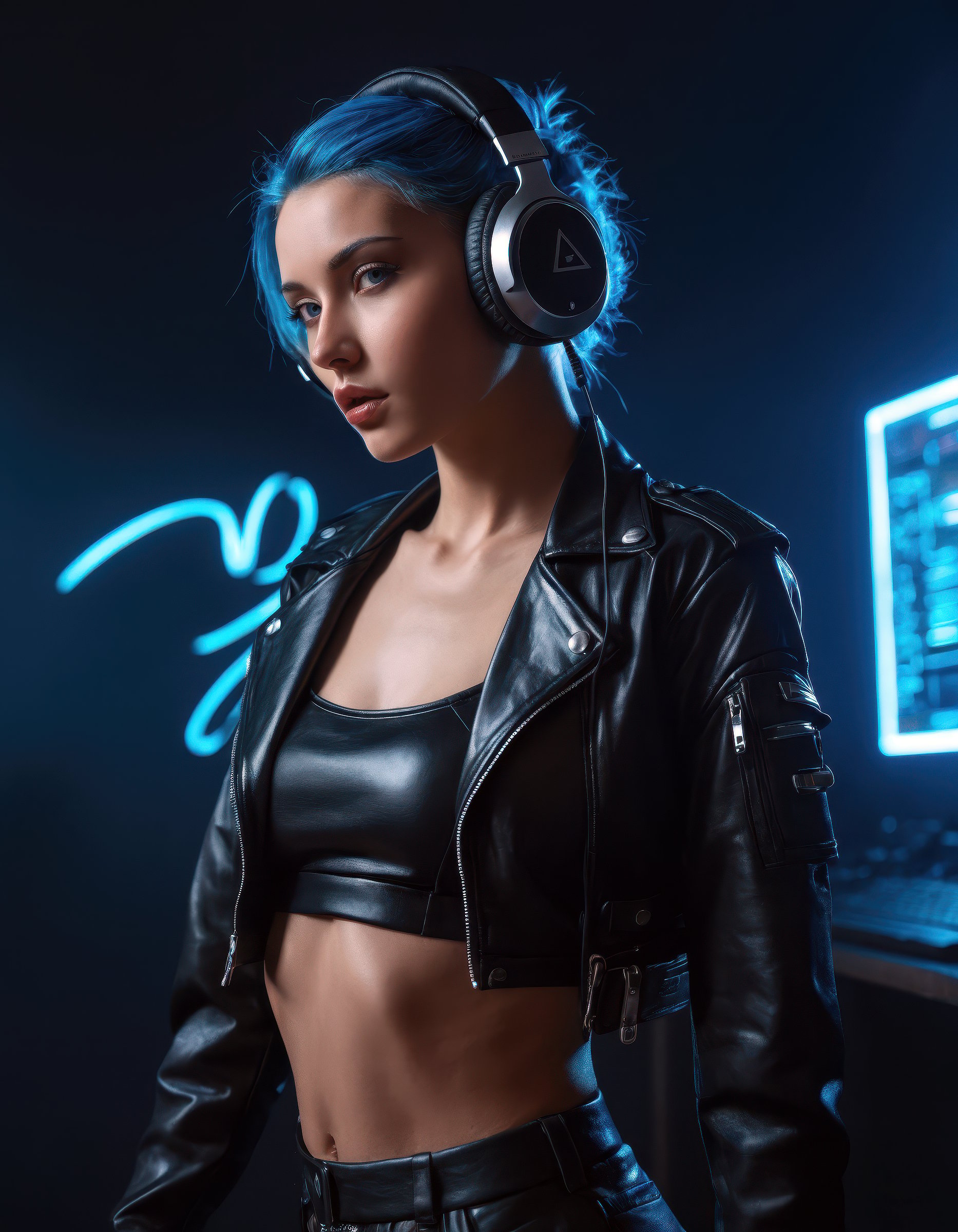 a woman wearing headphones,  crop top,  leather jacket by leend.frey on Tensor.Art