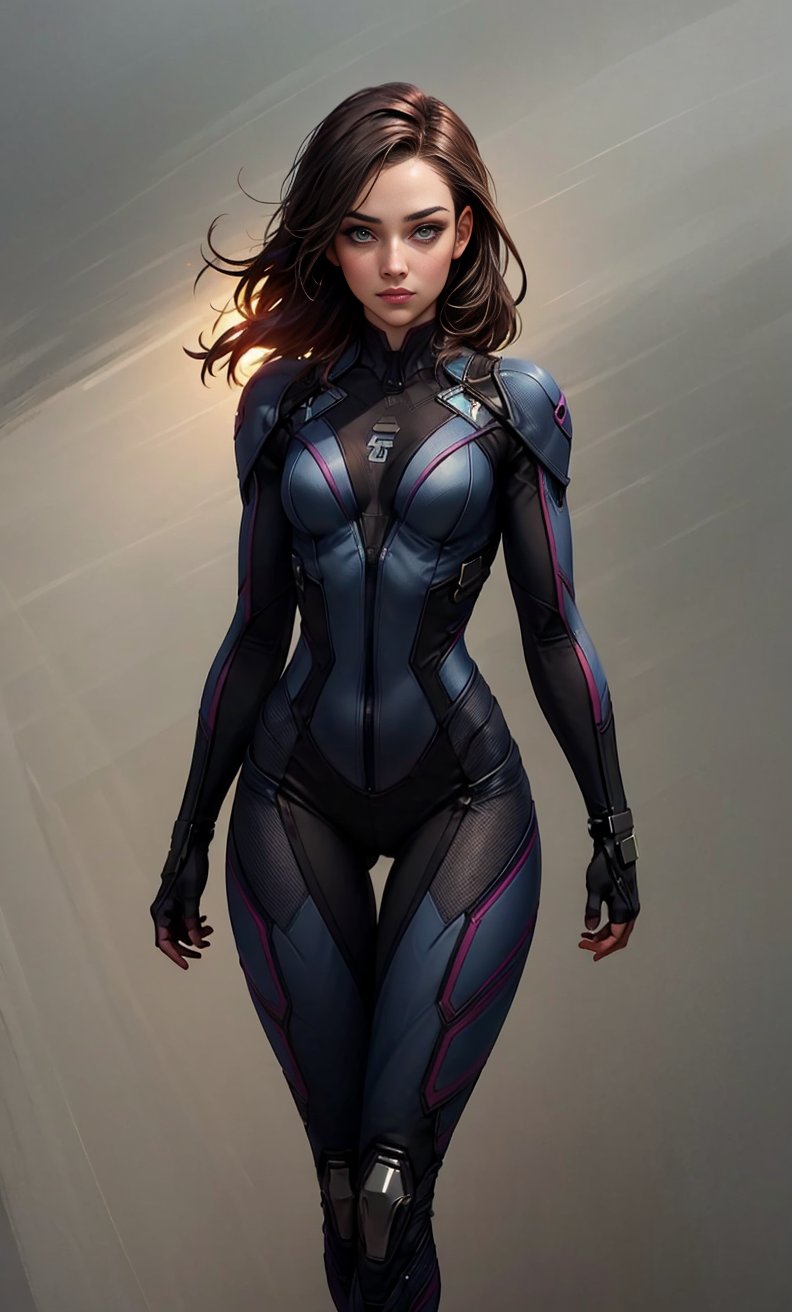 <lora:Superhero_suit-000007:.7>,<lora:more_details:0.4>, (ambient lighting:1.2), (volumetric lighting:1.2), (fine details:1.1), photorealistic, depth of field,1 girl, woman,   ombre, superhero bodysuit:2, hips, legsfocus on character, solo, ), solo, from front, front view,   detailed face,grey background, sexy, cute