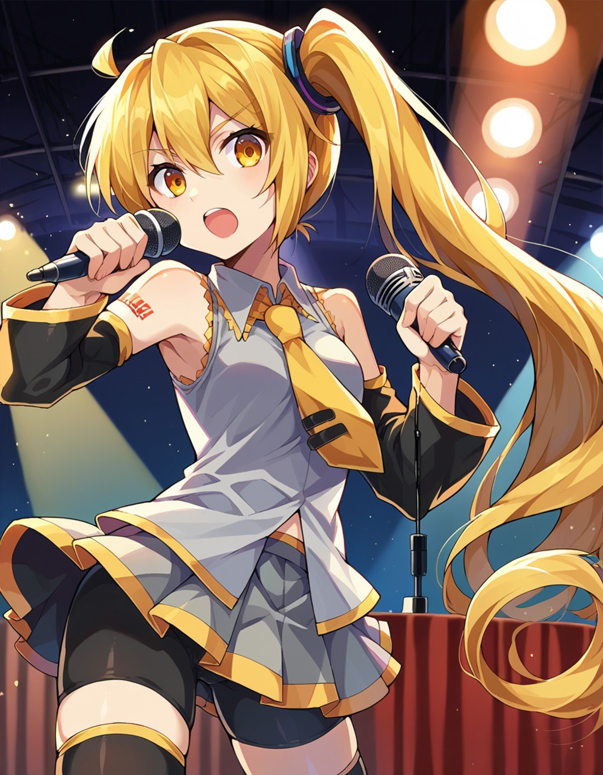 score_9, score_8_up, score_7_up, source_anime,neruakita, <lora:neru-akita-ponyxl-lora-nochekaiser:1>,neru akita, blonde hair, long hair, side ponytail, very long hair, yellow eyes,bike shorts, detached sleeves, necktie, skirt, thighhighs, yellow necktie, zettai ryouiki, grey skirt, grey shirt, collared shirt, sleeveless,indoors, stage, stage lights, singing, audience, microphone, holding microphone, open mouth,looking at viewer, cowboy shot, dutch angle,