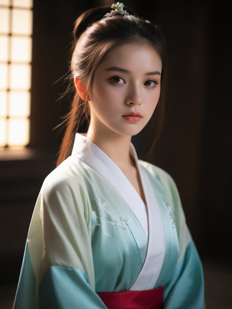 (a 18 y.o french pretty modeling in hanfu),(sutocking beautiful,cure lovely,shy,implicit,perseverance),soft lighting,high resolution,professional grade,RAW photography,evocative composition,Cinematic Lighting,moody lighting,(freckles:0.7),sexy,perfect eyes,depth of field,