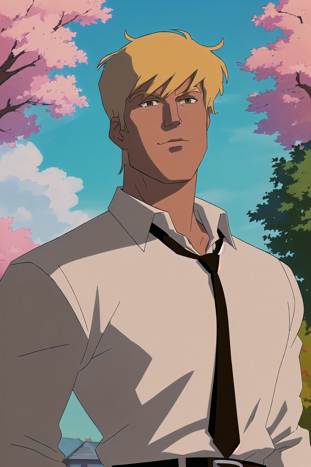 (Masterpiece, Best Quality:1.3), insaneres, (8k resolution), (centered), digital illustration,cybers1x, solo, blonde hair, shirt, 1boy, white shirt, upper body, male focus, outdoors, necktie, sky, day, collared shirt, cloud, dark skin, tree, blue sky, dark-skinned male, black necktie,  <lora:Cybers1x_3000:1.1>