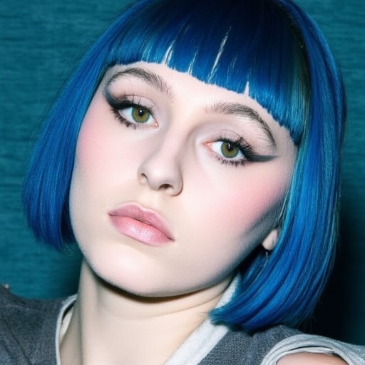 A woman with a white face and blue hair, perfect face, perfect eyes, beautiful woman