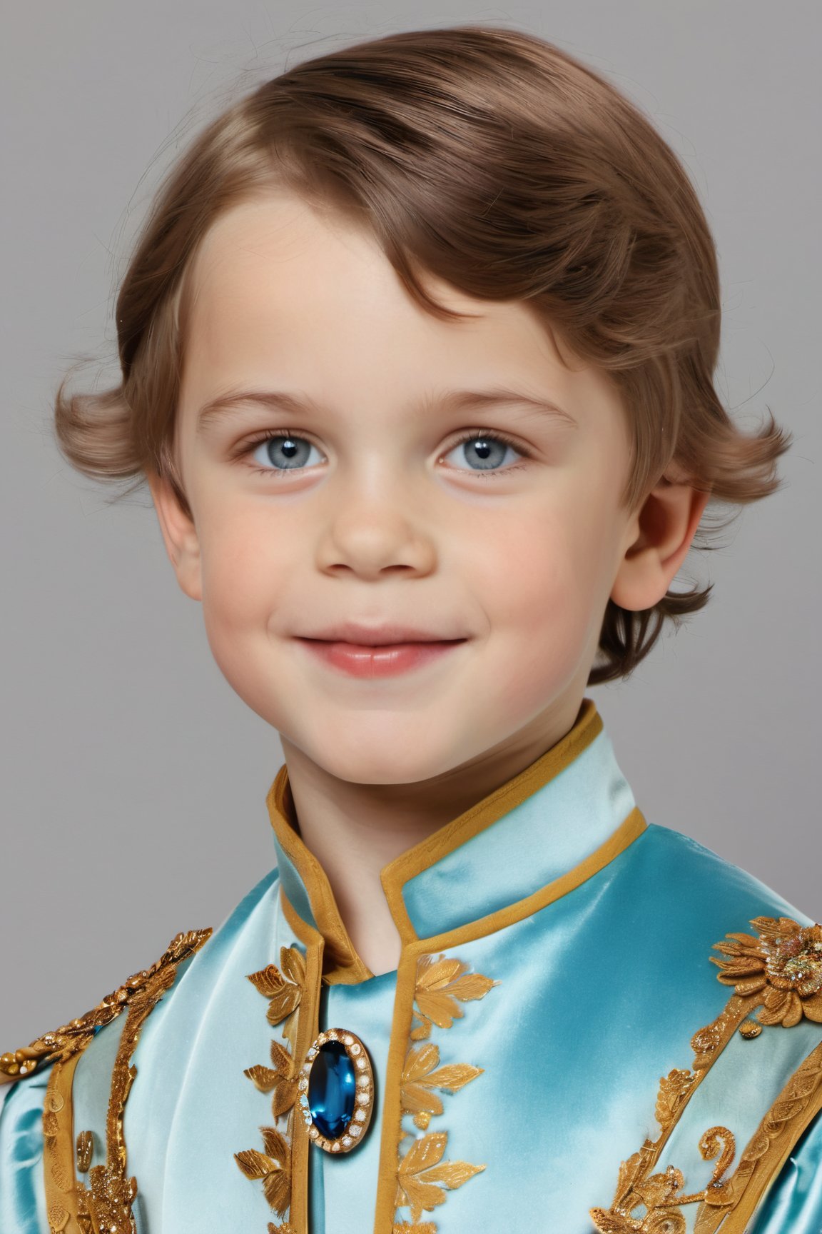 Six-year-old boy,  porcelain-white skin,  blue-gray eyes,  neat brown hair,  dressed in the golden clothes of a middle-aged Russian prince.