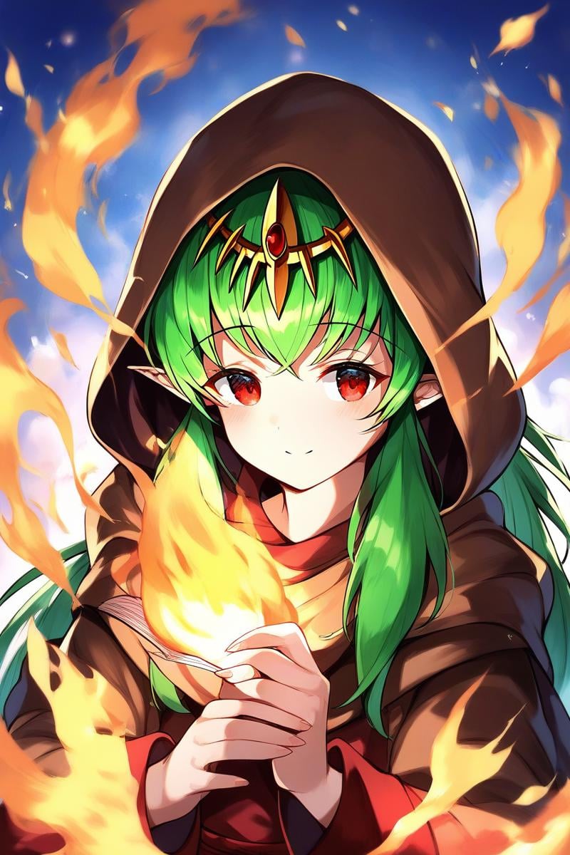 score_9, score_8_up, score_7_up, source_anime, rating_explicit, BREAK  <lora:Tiki_FE_XL:1>Tiki, 1girl, red eyes, tiki (young) (fire emblem), tiki (fire emblem), solo, brown hood, holding, hood up,  long sleeves, upper body, dark aura, stone, aura. fire,