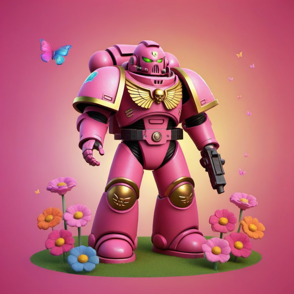 a pink spacemarine robot, cute fantasy background, rainbow, butterfly, flowers, spread love <lora:SpaceMarine1024:0.5>