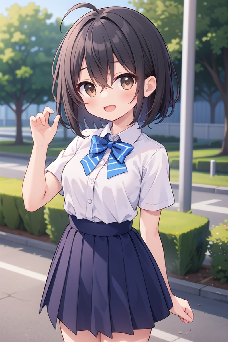 insanely detailed, absurdres, ultra-highres, ultra-detailed, best quality,1girl, solo, nice hands, perfect handsBREAKsummer school uniform, (plain dark blue skirt with many pleats:1.4), (striped indigo blue bowtie:1.3), short sleeves, (white shirt:1.3), shirt with white buttonBREAKhappy smile, laugh, open mouthBREAKstanding, cute pose, cowboy shot, looking at viewerBREAKslender, kawaii, perfect symmetrical face, ultra cute girl, ultra cute face, ultra detailed eyes, ultra detailed hair, ultra cute, ultra beautifulBREAKin forest, depth of field, ultra detailed backgroundBREAKlarge breastsBREAK(ahoge:1.2), (short bob cut, hair between eyes, black dark_brown hair, black dark_brown eyes:1.3), (long hair, breast pocket:-1)