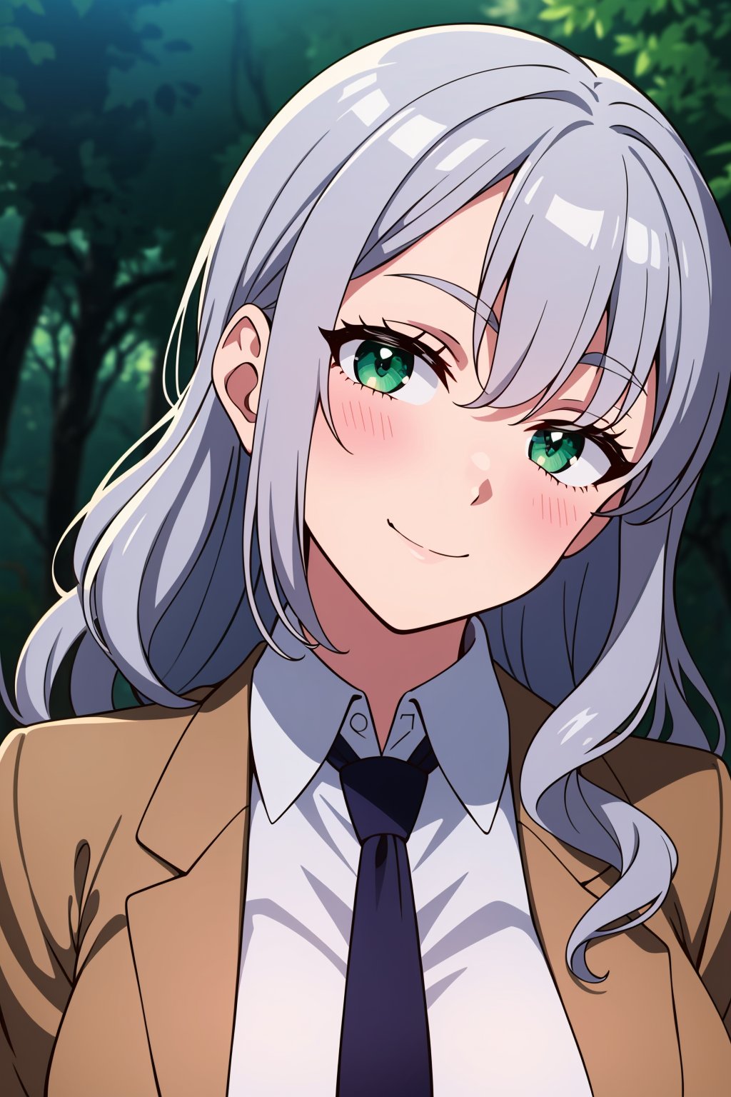 1girl, solo, gyaru, long hair, wavy hair, silver hair, green eyes, large breasts, white shirt, collared shirt, necktie, seductive smile, head tilt, suit jacket, forest, night, portrait, masterpiece, best quality, 