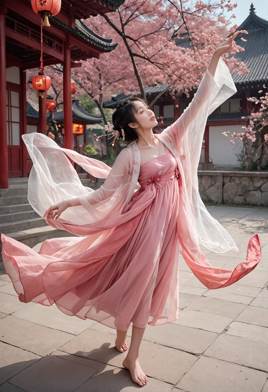 1girl,solo,barefoot,dancing,sky lantern,,ruanyi0758,hanfu,pink dress,see-through,shawl,wide sleeves,jewelry,<lora:0758 Peach Blossom Hanfu_v1_pony:1>, score_9,score_8_up,score_7_up,,8k,1girl,solo,