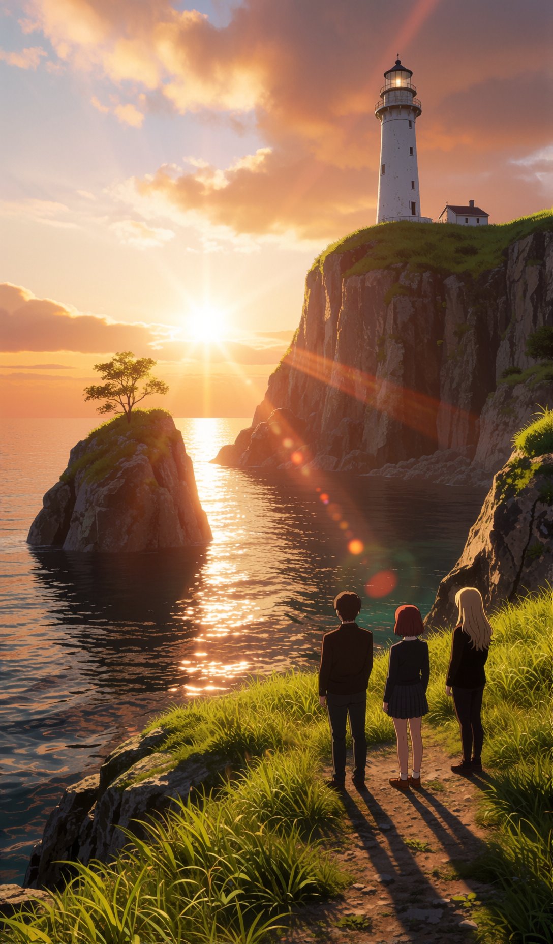 A wide,  scenic shot captures a dramatic sunset over a calm ocean. On the left,  a large solitary rock sits in the water w...