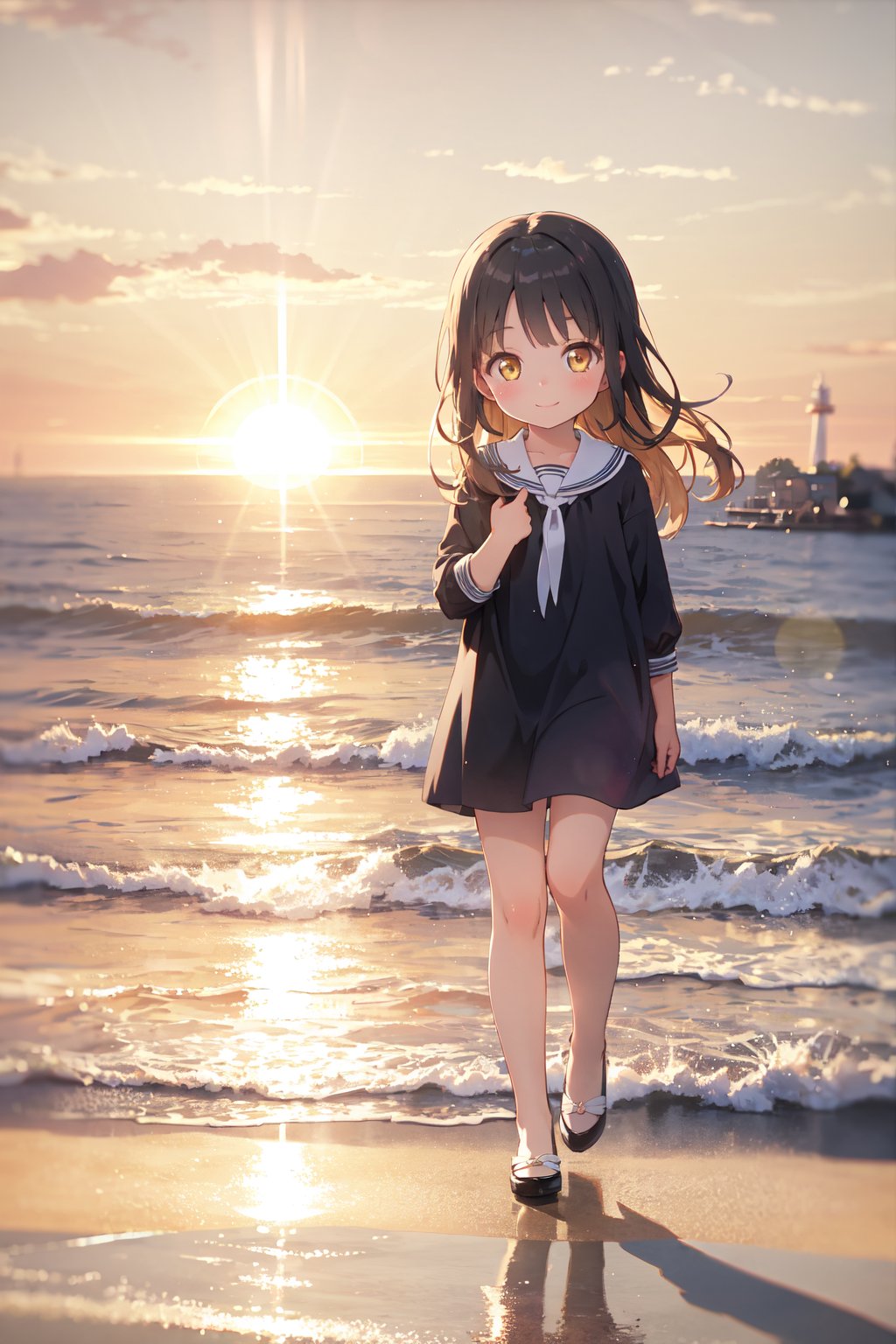 masterpiece,best quality,(ray tracing, reflection light),sunlight,1girl, (loli, ),(child),BLACK LONG HAIR, YELLOW EYES, look at viewer, full body, warm smile, seaside, Golden hour makes everything warm and romantic a beautiful woman, golden hour, rim lighting, warm tones, sun flare, soft shadows, hazy glow