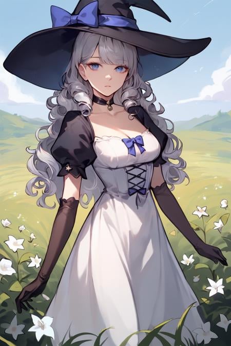 score_9, score_8_up, score_7_up, 1girl, witch hat, hat, solo, long hair, flower, dress, choker, puffy sleeves, looking at viewer, grass, white dress, bow, hat bow, white hair, black choker, plant, outdoors, blue eyes, purple eyes, black headwear, bangs, long sleeves, gloves, witch, blue bow, wavy hair, short sleeves, puffy short sleeves, elbow gloves, black gloves, standing, field, grey hair, sky, purple bow, breasts, curly hair, parted lips, expressionless, cowboy shot, closed mouth, leaf <lora:Smooth Anime 2 Style SDXL_LoRA_Pony Diffusion V6 XL:1>