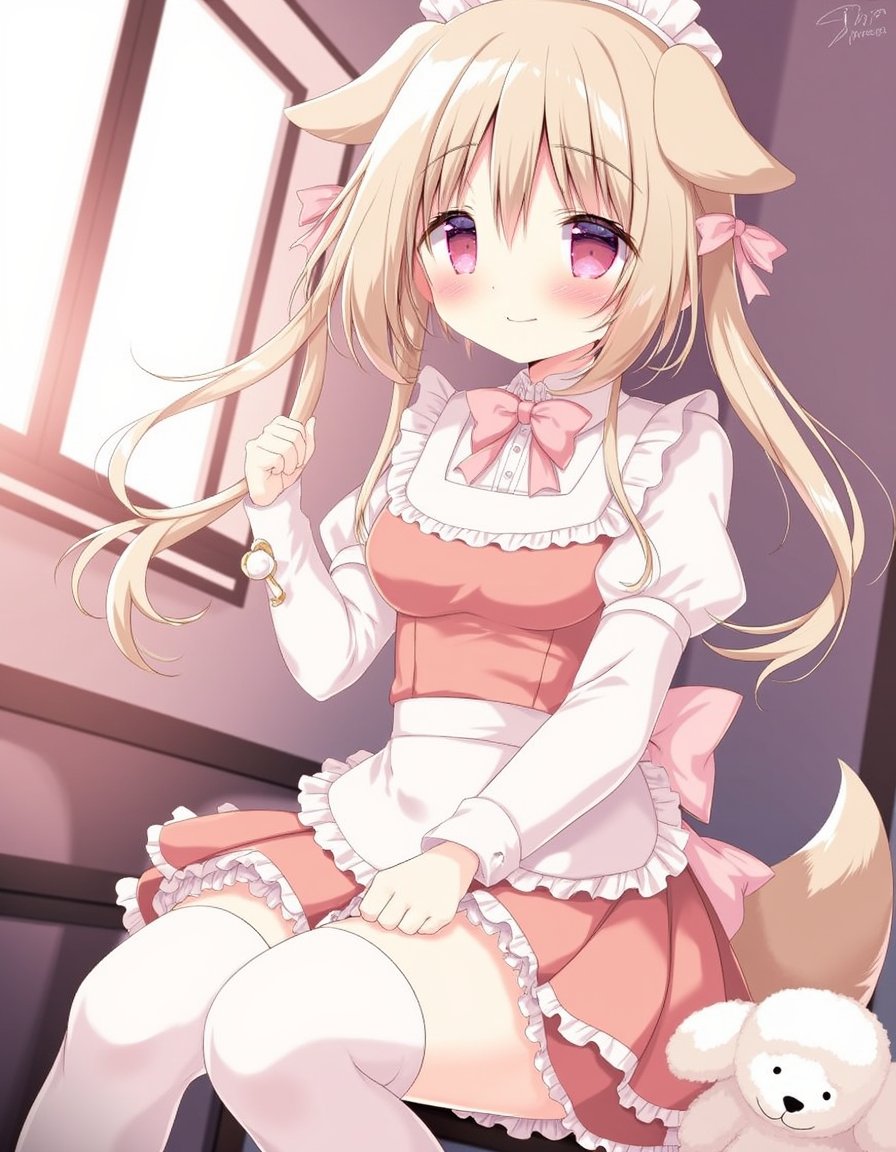 shiratama_(shiratamaco), loli, 1girl, indoors, windows, :d, animal_ears, apron, blush, bow, breasts, brown_apron, brown_hair, cleavage, collared_shirt, dog_ears, dog_girl, dog_tail, dress_shirt, dutch_angle, flower, frilled_apron, frilled_skirt, frills, hair_between_eyes, hair_flower, hair_ornament, juliet_sleeves, long_hair, long_sleeves, maid, maid_headdress, medium_breasts, pink_bow, pink_flower, pink_skirt, pleated_skirt, poodle, puffy_sleeves, red_eyes, shirt, sitting, skirt, smile, solo, tail, thighhighs, very_long_hair, wariza, white_shirt, white_thighhighs , original, year_2022, loli, <lora:flux-Shiratamaco-000008:1>