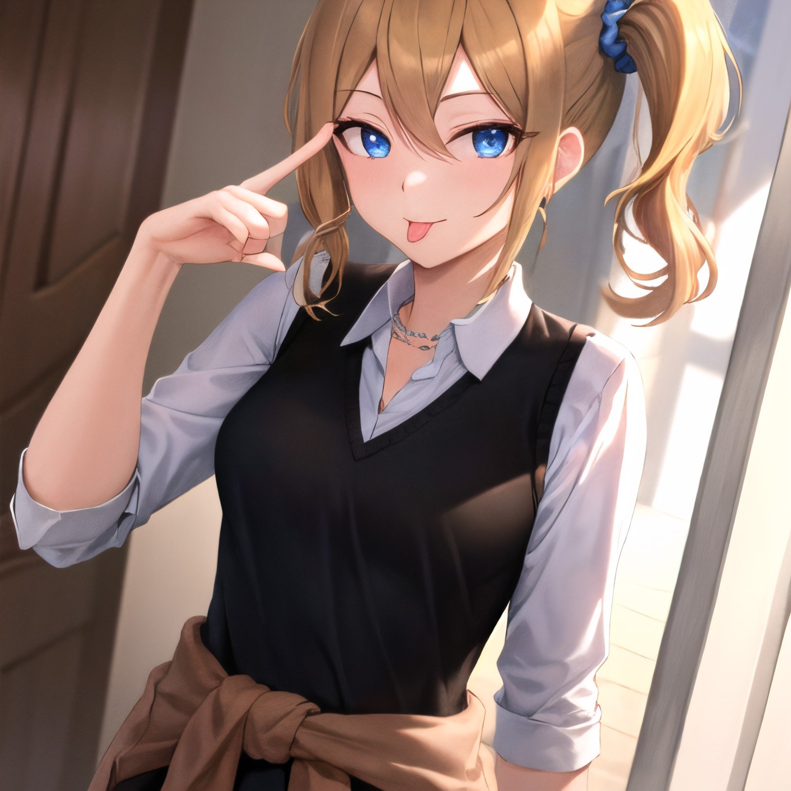 best quality, masterpiece, ultra-detailed, aahayasaka, side ponytail, medium breasts, necklace, collared shirt, black vest, sleeves rolled up, clothes around waist, black skirt, tgout,  tongue out,  tongue, 