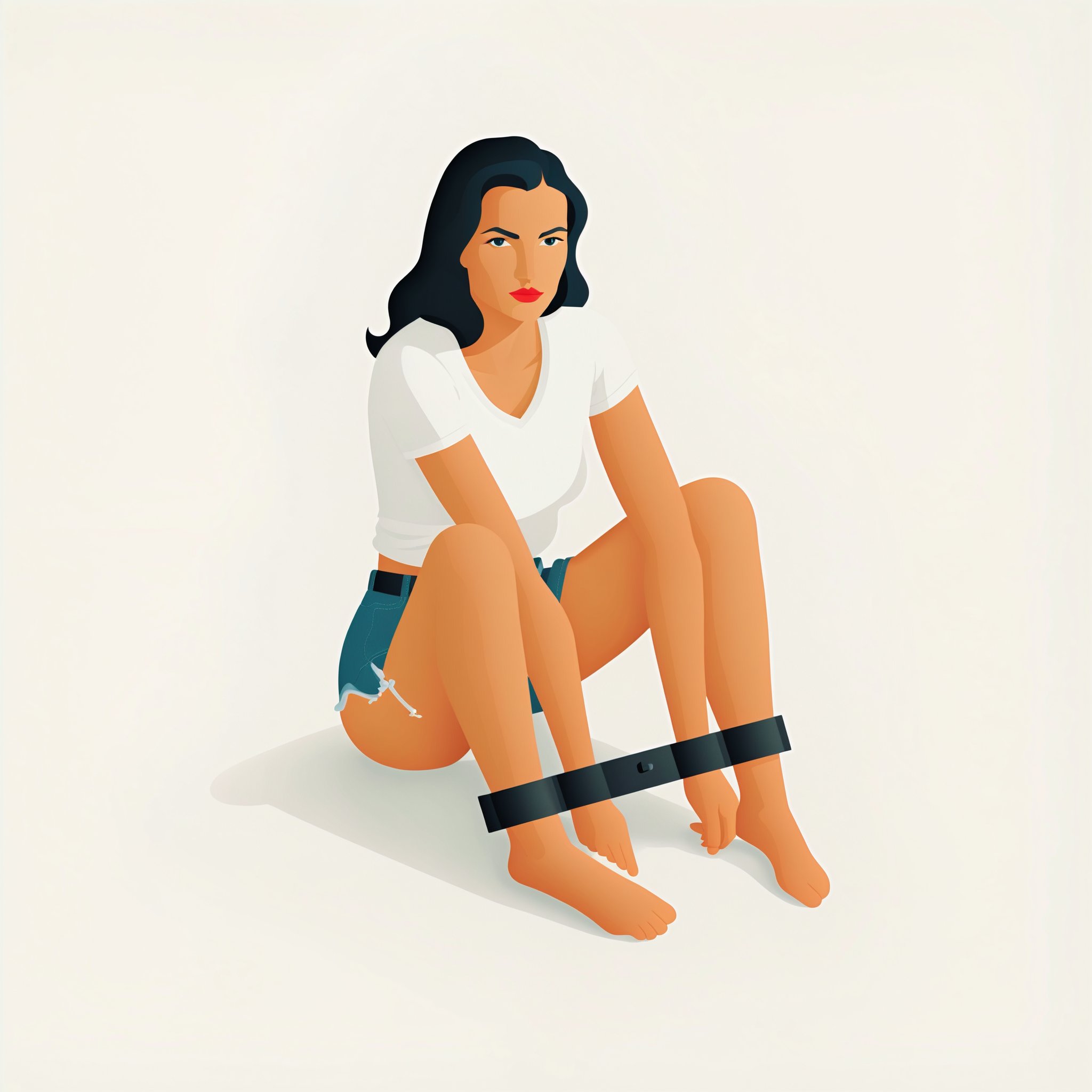 (vector illustration, lineart, stylized art, flat color, logo, icon:1.3), ch, (white background: 1.6), a beautiful woman, black hair, white shirt, denim shorts, grey metalstocks, sitting, facing viewer