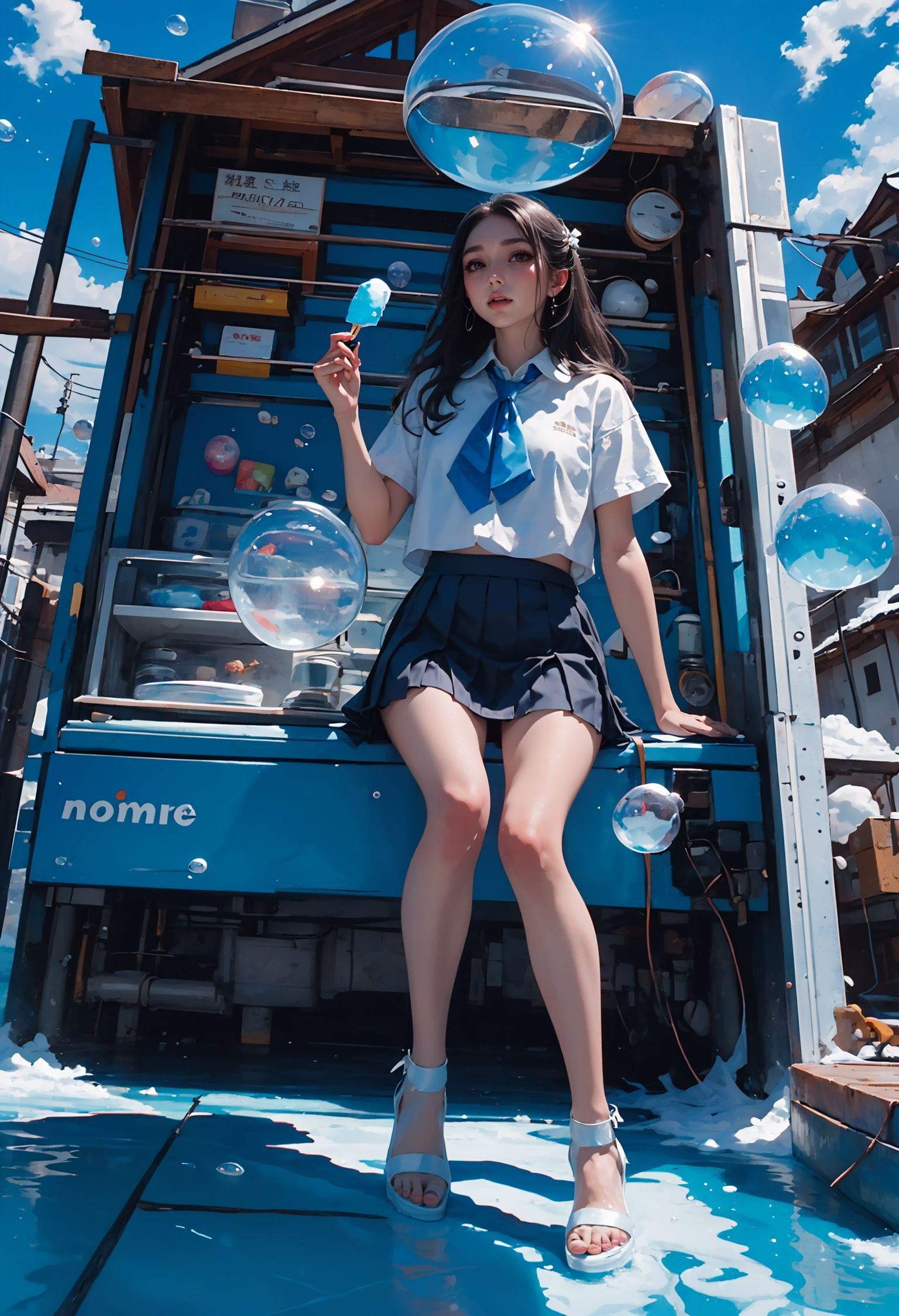 (best quality,official art,beautiful and aesthetic:1.2),(fractal art:1.2),offcial art,colorful,Colorful background,splash of color,movie perspective,advertising style,magazine cover,xuer popsicle,1girl,solo,long hair,skirt,shirt,black hair,holding,sitting,school uniform,white shirt,short sleeves,pleated skirt,outdoors,food,sky,shoes,day,collared shirt,cloud,black skirt,medium hair,water,blue sky,blue skirt,bare legs,ocean,sandals,white footwear,holding food,scenery,bubble,blue theme,water drop,ice cream,(air bubble:1.3),summer,whale,<lora:绪儿-雪糕 xuer popsicle:0.8>,