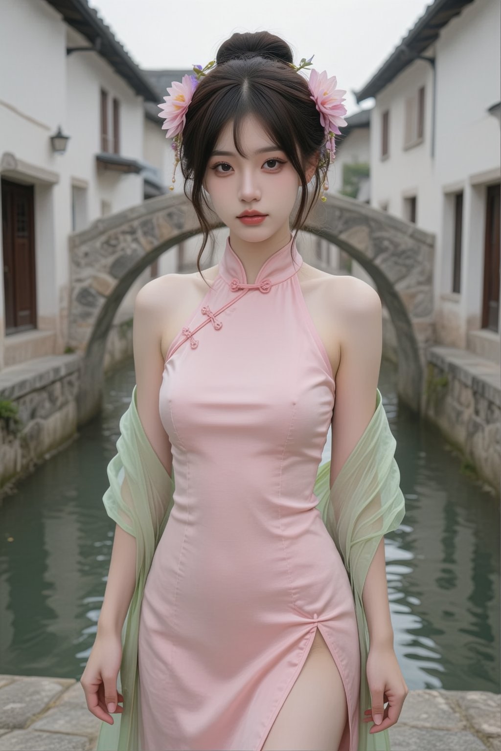 A young East Asian woman with dark hair styled in a bun adorned with pink and purple flowers stands centrally in the frame...