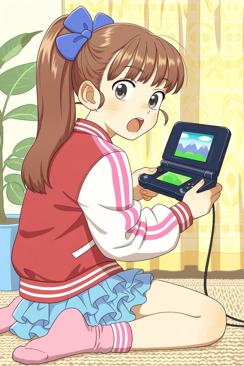 @nnsst,  A young girl with long brown hair tied in a high ponytail,  wearing two blue and one pink bow on her head by Prae...