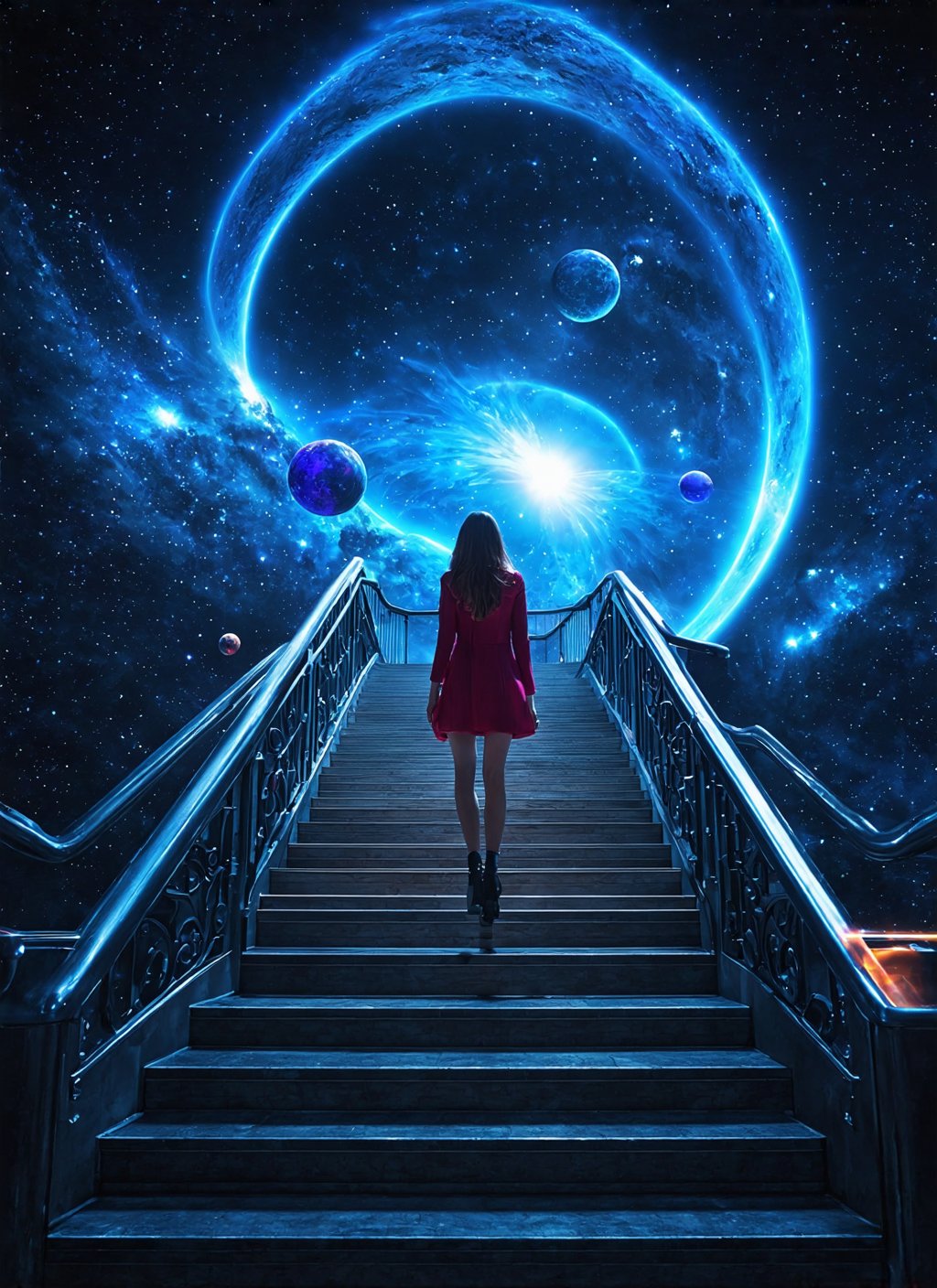 cinematic photo Wide angle digital painting, (Full body interior stairway leading to cosmic heaven:1.3), Dynamic composition, Spiraling nautilus design, Glowing celestial lights, (Epic cinematic shot:1.2), Whimsical character design, Floating orbs, (Vibrant cosmic colors:1.2), Ethereal atmosphere, Starscapes and nebulas, Enhanced clarity, Intricate details, Trending on ArtStation . 35mm photograph, film, bokeh, professional, 4k, highly detailed