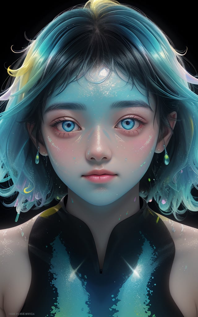 colorful,girl swims underwater,hyper detailed render style,glow,yellow,blue,brush,surreal oil painting,shiny eyes,head closeup,exaggerated perspective,tyndall effect,water drops,mother of pearl iridescence,holographic white,black background,