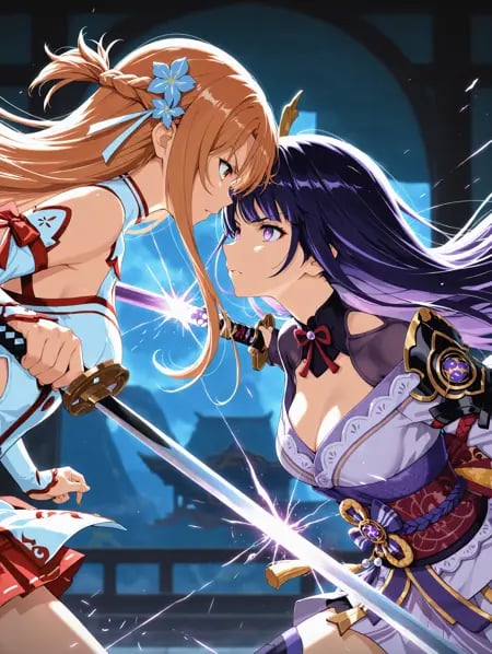 unholy-aesthetic,  An intense anime-style action scene of two female warriors asuna from sao and Raiden Shogun from Genshi...