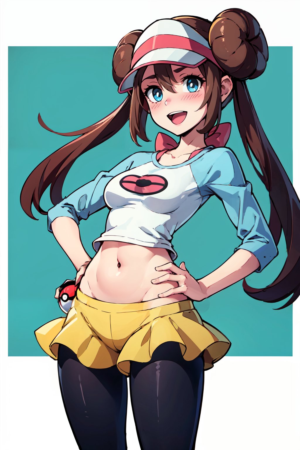 ((masterpiece,best quality)), absurdres,   <lora:Rosa_v5:0.7>,   zzRosa, poke ball \(basic\), open mouth, holding poke ball, :d, black pantyhose, raglan sleeves, yellow shorts, navel, hand on hip, shirt, blush, short shorts, white pupils, looking at viewer, tongue, legwear under shorts, border, hair between eyes, poke ball print, very long hair