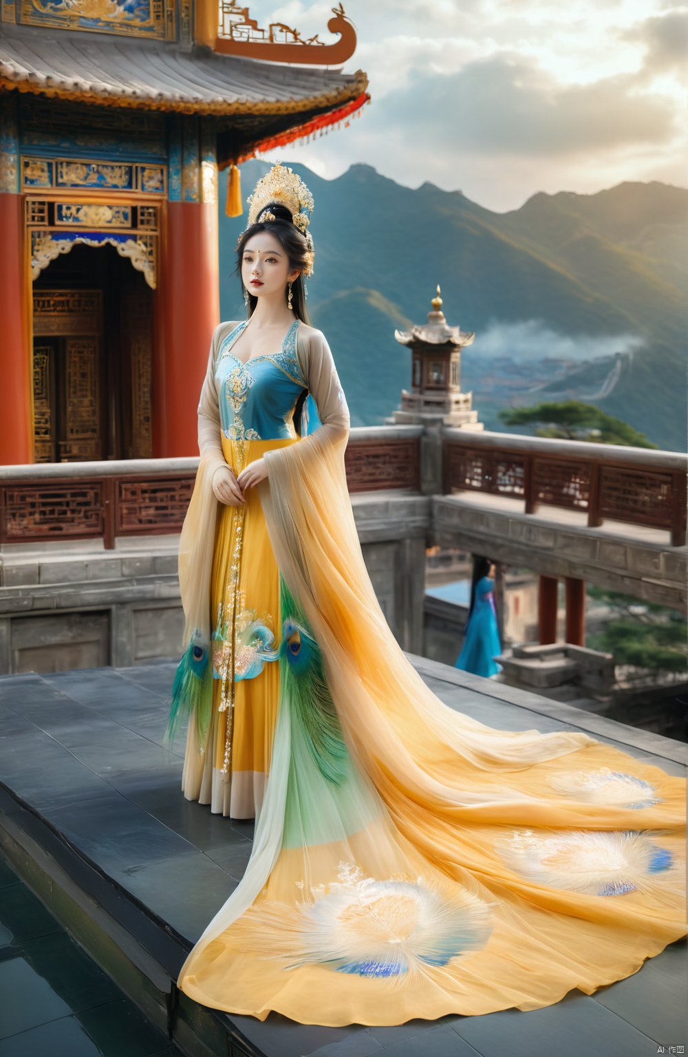 1girl,full body,cloud,sky,cloudy_sky,scenery,architecture,horizon,pillar,1girl,solo,look at the audience,long_hair,girl wearing peacock dress,elegant and graceful beauty,In this breathtaking architectural setting,A towering structure ascends from the terrain,its magnificence reaching out towards the cloudy sky,merging seamlessly with the horizon in an otherworldly ballet.At its foundation, a lone figure stands firm,a girl, exuding elegance and grace in her stance,adorned in a peacock-inspired dress that gleams and flows,her lustrous locks tumbling down like a stream of golden liquid.She fixes her gaze upon us with tranquil self-assurance,her very presence as captivating as the panorama surrounding her.The towering pillars of the majestic edifice stand sentinel behind her,their presence mirroring her own inner fortitude and resilience.This harmonious blend of human beauty and architectural splendor,serves as a testament to both the artist's creative vision and nature's inherent allure.In this instant, she becomes one with the landscape,a living sculpture set against the canvas of the cloudy sky,an emblematic embodiment of poise and elegance amidst soaring architecture., 1girl<lora:EMS-317135-EMS:0.800000>, <lora:EMS-322041-EMS:0.700000>