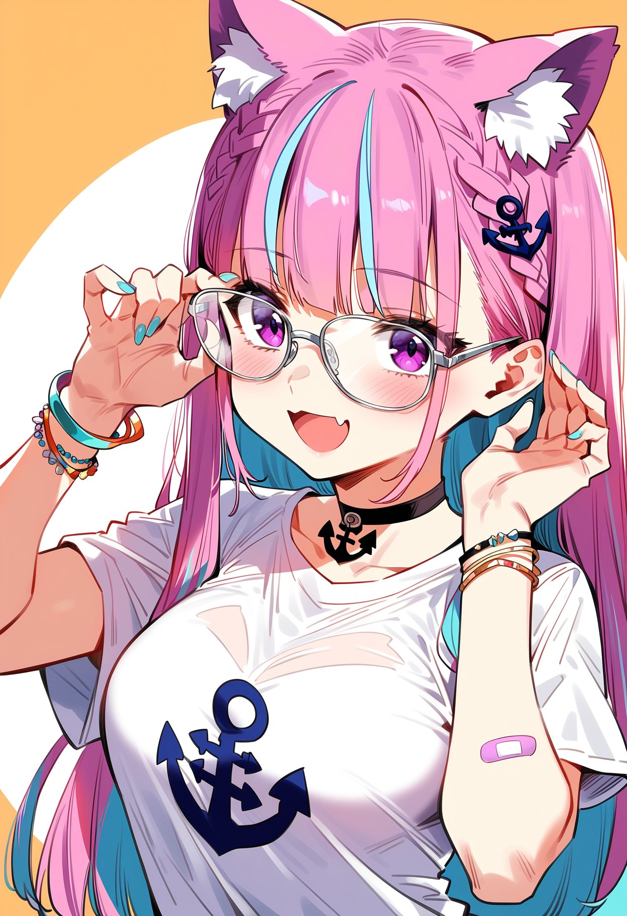 1girl, minato aqua, hololive, adjusting eyewear, anchor print, anchor symbol, animal ear fluff, animal ears, animal print, aqua hair, bandaid, bandaid on arm, bespectacled, black choker, blush, bracelet, braid, cat ears, choker, glasses, grey-framed eyewear, hair ornament, hairclip, jewelry, long hair, looking at viewer, multicolored hair, multiple bracelets, official alternate costume, open mouth, orange background, pink hair, print shirt, purple eyes, round eyewear, shirt, short sleeves, simple background, smile, solo, streaked hair, t-shirt, upper body, virtual youtuber, white shirt, masterpiece, best quality, very aesthetic, absurdres