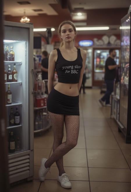 photorealistic shot of a young woman with ponytail ginger hair, stands on refrigerator with alcohol, hands on legs, anorexic, petit body, ribs, flat small chest, the outline of her nipples is visible, She is wearing tight little black top with white text in a reading ("young slut for BBC"), black skirt, fishnet tights, whits sneakers, standing in a shopping mall, evening atmosphere. Looking at viewer. around shop, neon light, very detailed, petite body, slim hips, slim petite body, skinny skin, (intricately detailed eyes), seductive face, full body view, hands behind her back, slim nose, front view, close up, thin legs, very detailed face, 8k