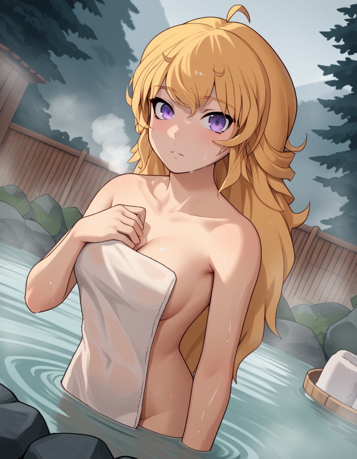 score_9, score_8_up, score_7_up, source_anime, <lora:yang-xiao-long-ponyxl-lora-nochekaiser:1>, yang xiao long, long hair, blonde hair, purple eyes, ahoge, bangs,, nude, naked, outdoors, onsen, towel, naked towel, steam, bathing, nude cover, partially submerged, water, bath, steam censor, wet towel, blush, looking at viewer, solo, cowboy shot, dutch angle