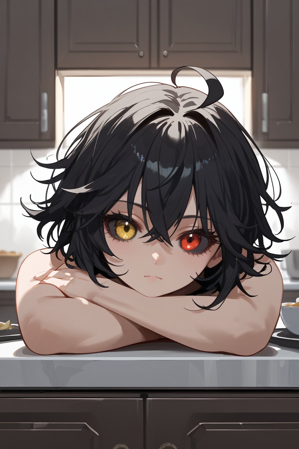 score_9, score_8_up, score_7_up, 1girl, black hair, short hair, messy hair, ahoge, heterochromia, yellow eyes, red eyes, black sclera, face focus, portrait, close up, indoors, kitchen